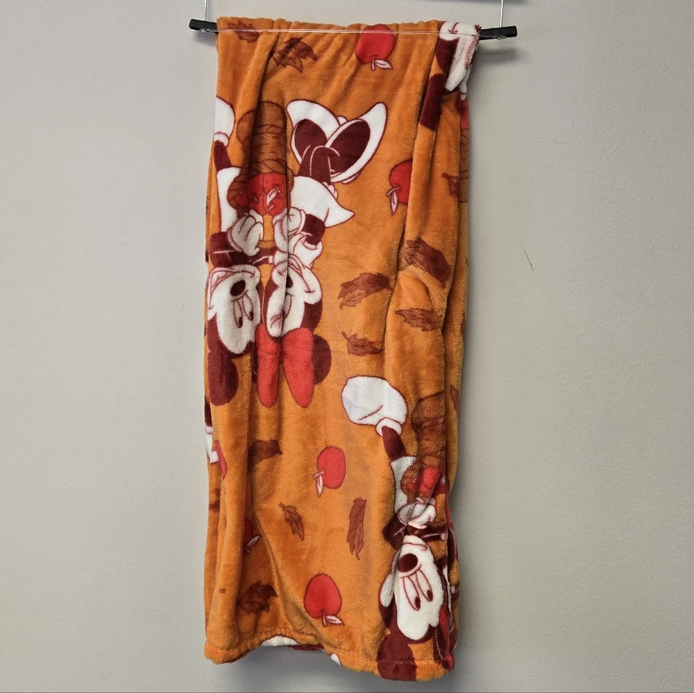 Disney Mickey Mouse Minnie Fall Leaves and Apples Plush Throw Blanket Orange